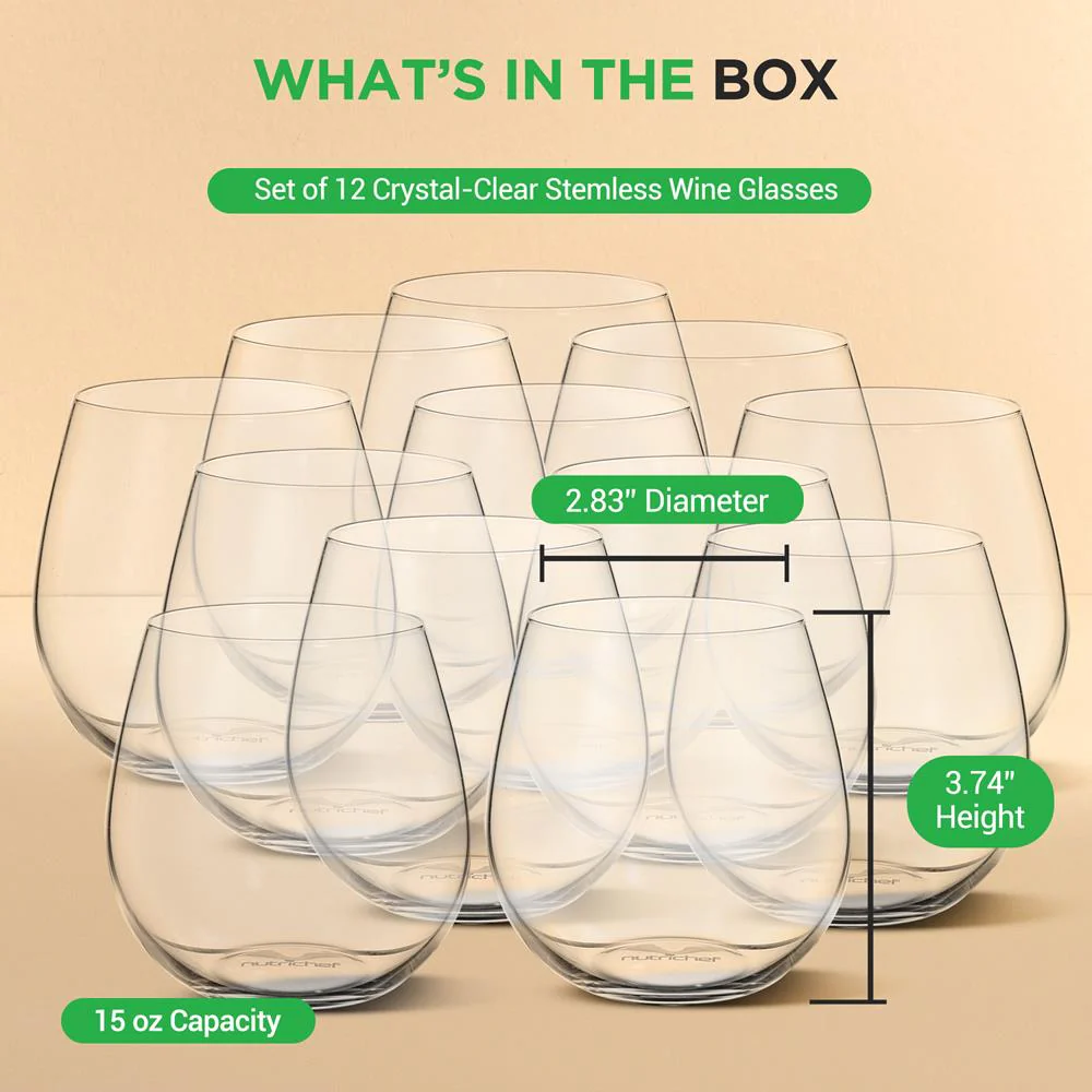 Stemless Wine Glasses Set of 12, Ultra Thin Crystal, Clear, 15 Oz - Image 7