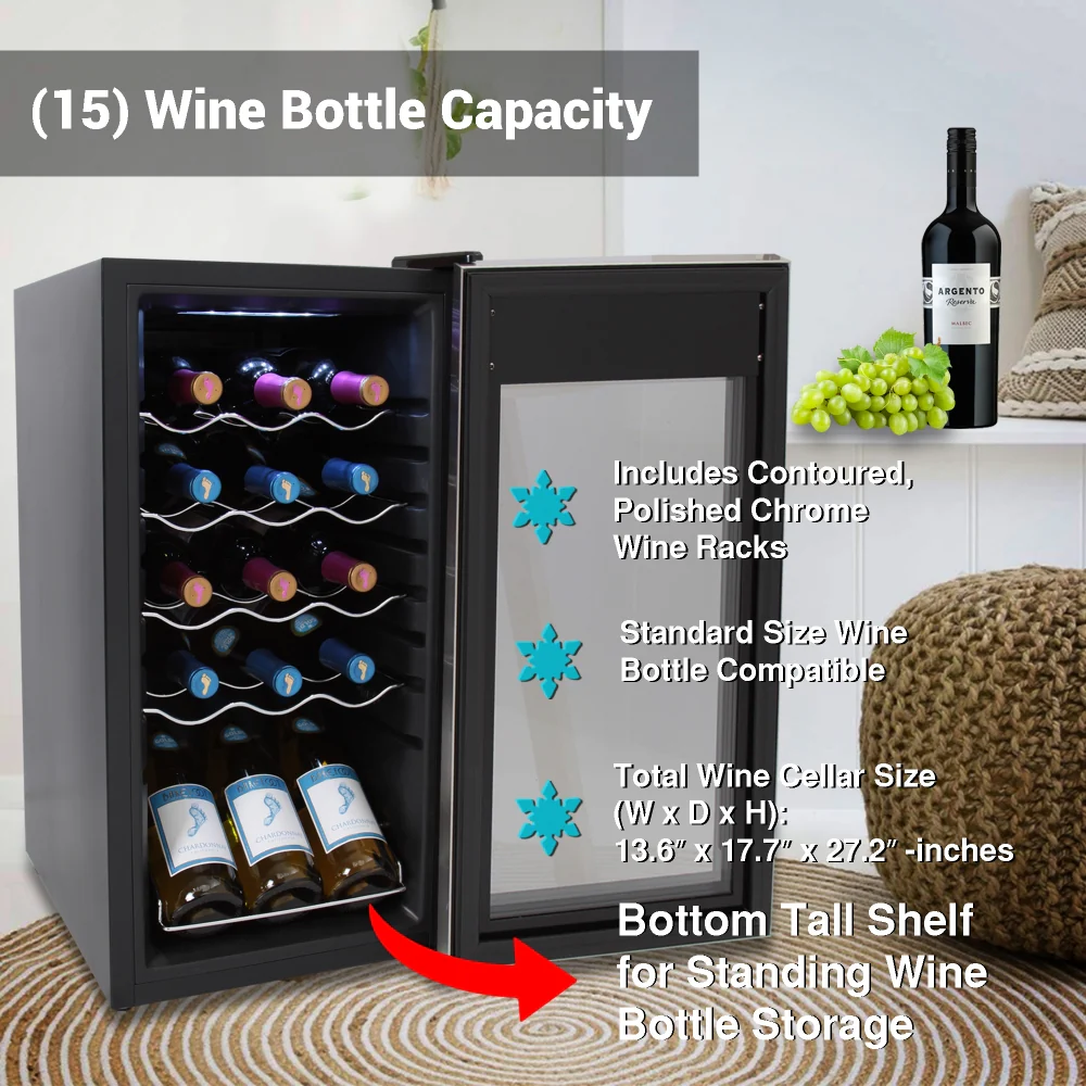 Wine Chilling Refrigerator Cellar - Digital Touch Button Control With Air Tight Seal, Contains Placement For Standing Bottles (15 Bottle Storage Capacity) - Image 5