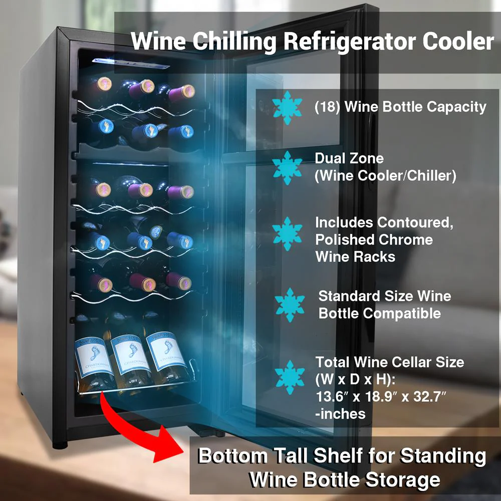 Wine Chilling Refrigerator Cellar - Dual-Zone Wine Cooler/Chiller, Digital Touch Button Control With Air Tight Seal, Contains Placement For Standing Bottles (18 Bottle Storage Capacity) - Image 5