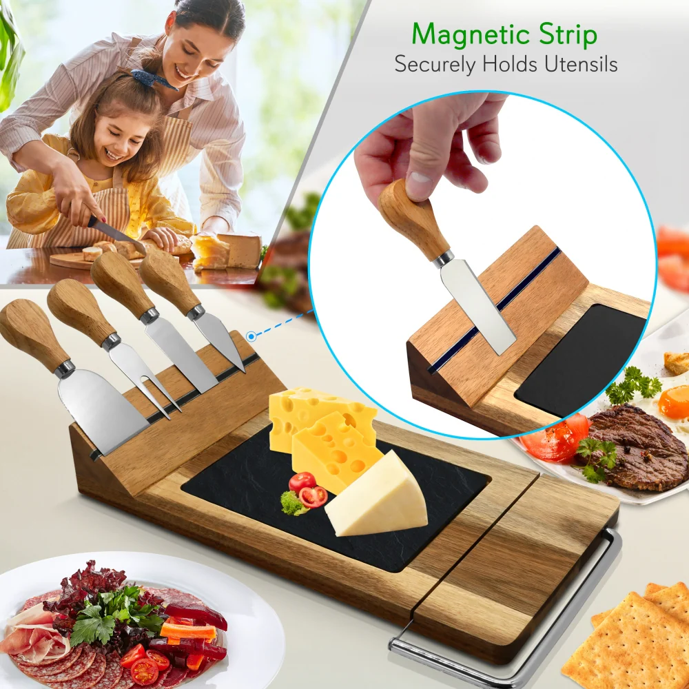 Bamboo Food Serving & Food Slicer Platter - Cheese Board Presentation Set With Built-In Slicing Blade, Slate Stone Slab - Image 3