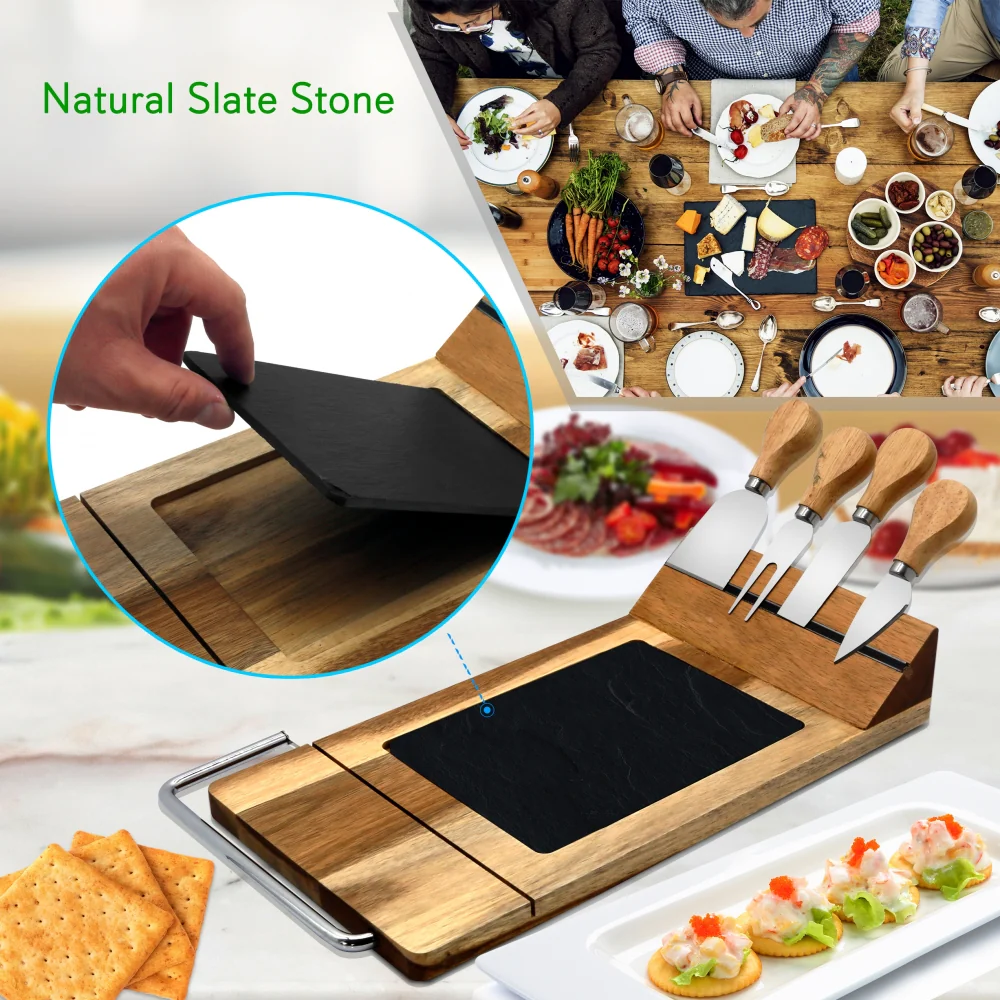 Bamboo Food Serving & Food Slicer Platter - Cheese Board Presentation Set With Built-In Slicing Blade, Slate Stone Slab - Image 4