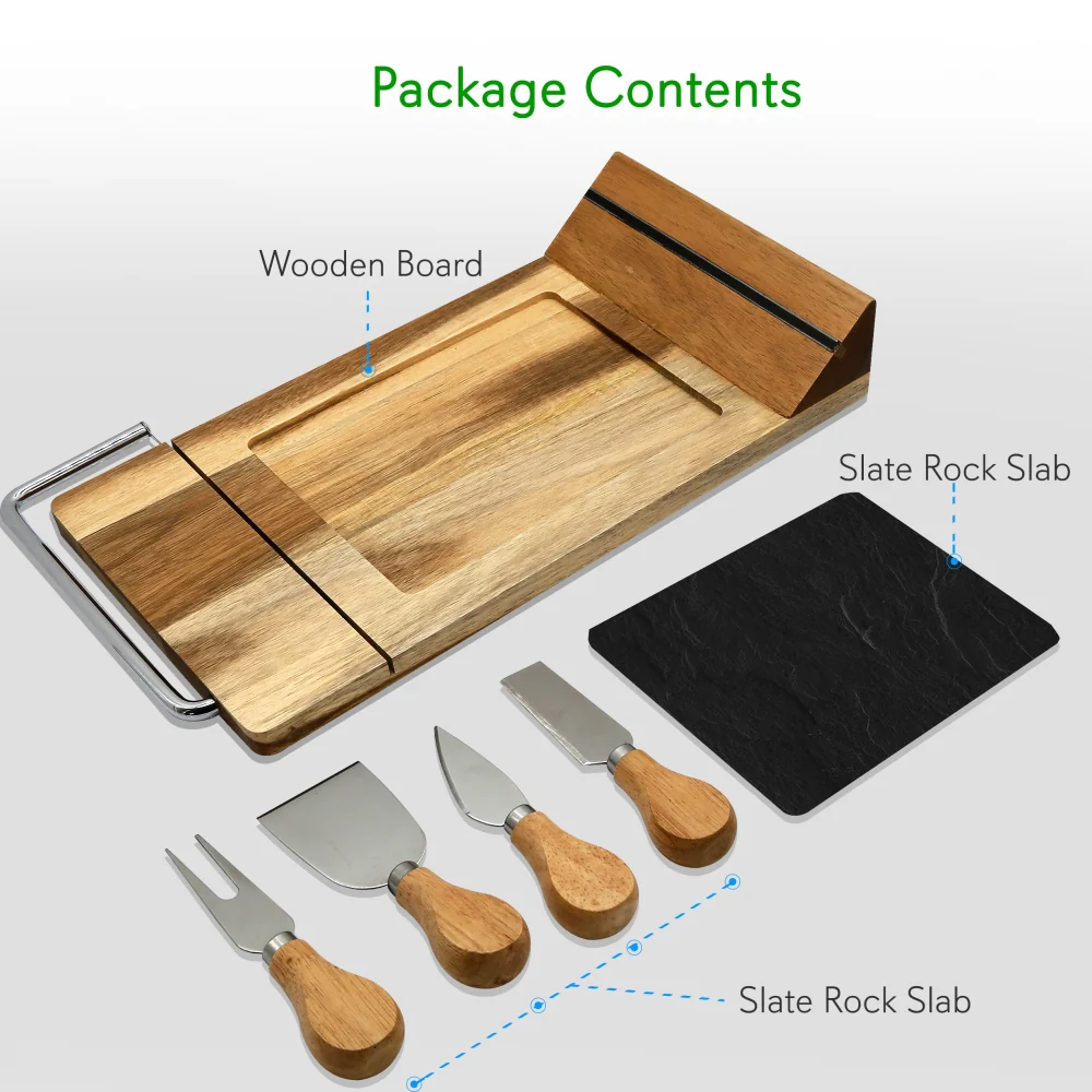 Bamboo Food Serving & Food Slicer Platter - Cheese Board Presentation Set With Built-In Slicing Blade, Slate Stone Slab - Image 5