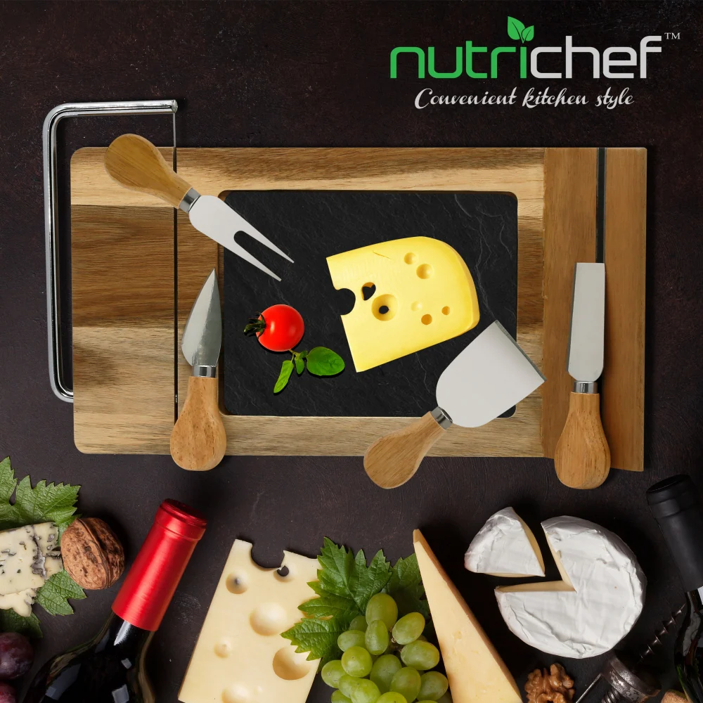 Bamboo Food Serving & Food Slicer Platter - Cheese Board Presentation Set With Built-In Slicing Blade, Slate Stone Slab - Image 6