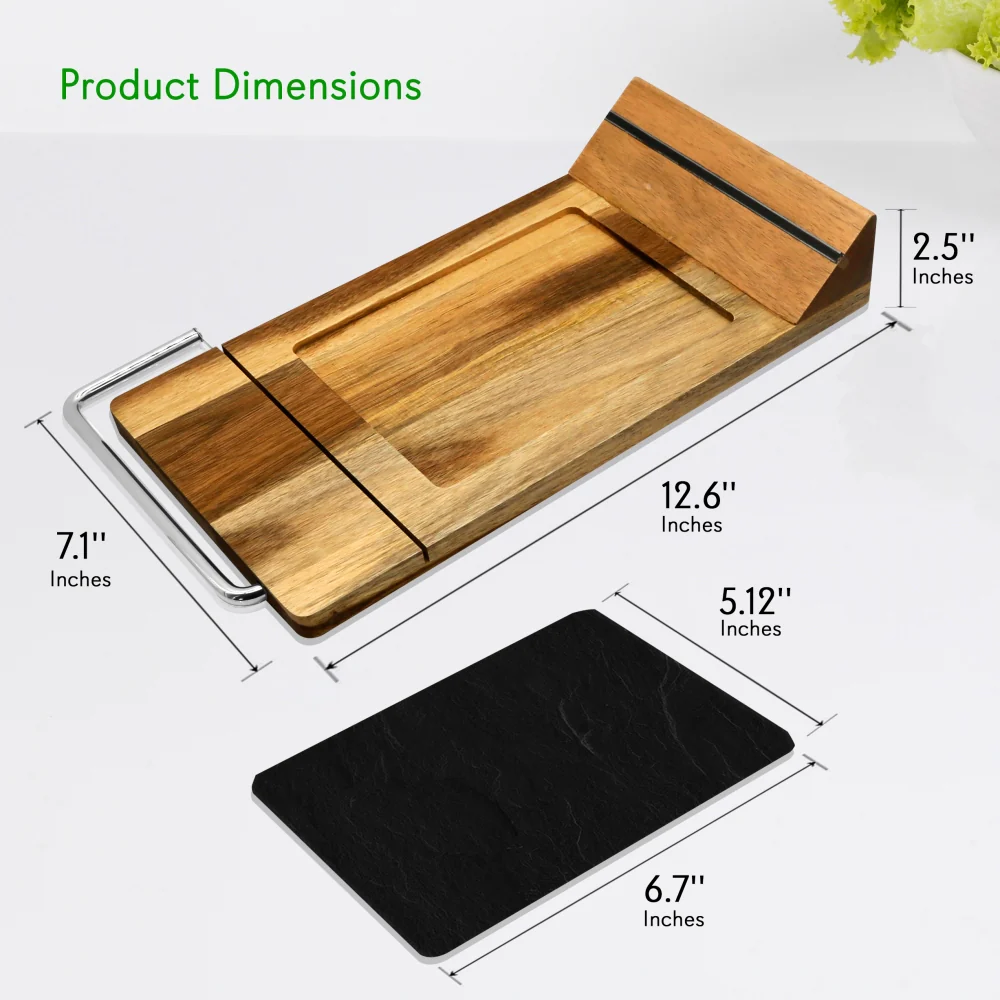 Bamboo Food Serving & Food Slicer Platter - Cheese Board Presentation Set With Built-In Slicing Blade, Slate Stone Slab - Image 7