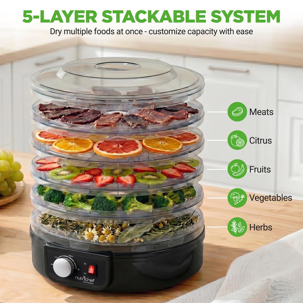 Electric Food Dehydrator, Preserves Nutrients, 5 Stackable Trays, Black - Image 4
