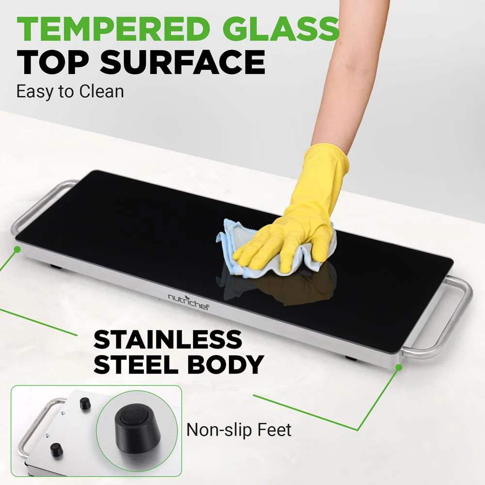 Electric Food Warmer Tray - Keeps Food Warm, Stainless Steel, Glass Top - Image 4