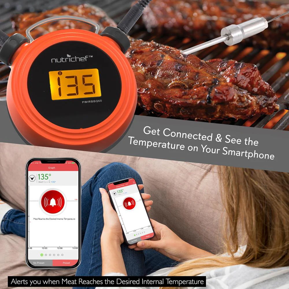 Smart Bluetooth Bbq Grill Thermometer - Digital Display, Stainless Dual Probes Safe To Leave In Outdoor Barbecue Meat Smoker - Wireless Remote Alert Ios Android Phone - Nutrichef Pwirbbq60 - Image 5