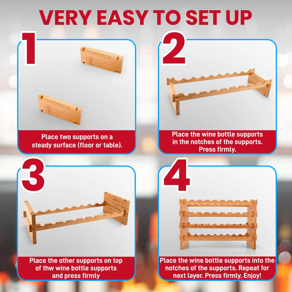 Stackable Wine Rack 36-Bottle Capacity Bamboo Modular Display Shelf - Image 6
