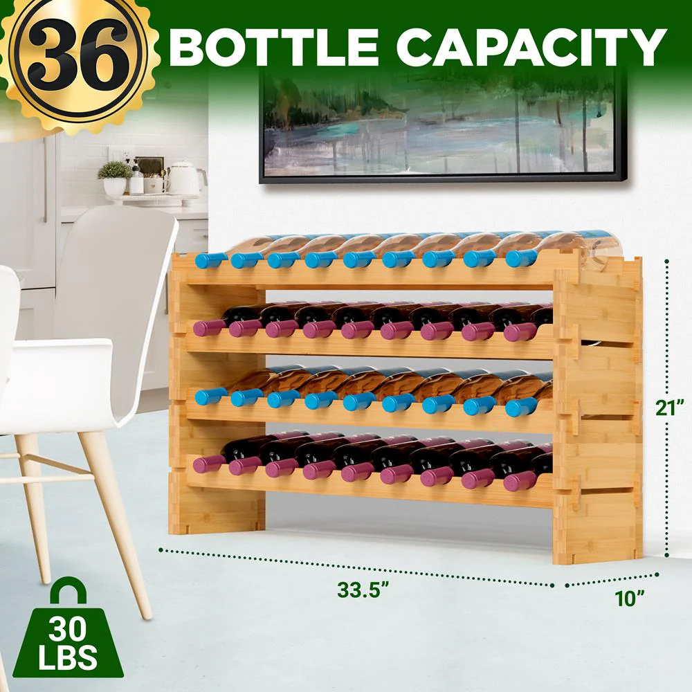 Stackable Wine Rack 36-Bottle Capacity Bamboo Modular Display Shelf - Image 5