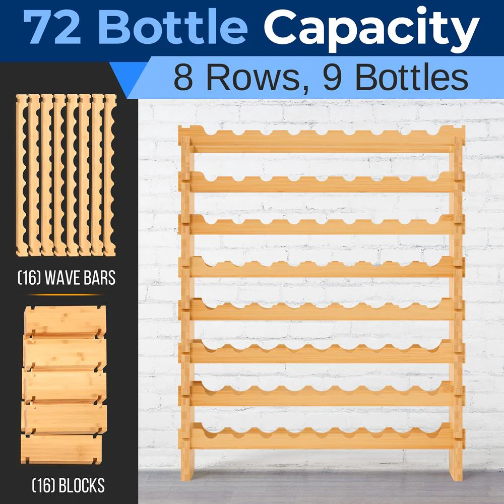 Stackable Wine Rack 72-Bottle Capacity Bamboo Modular Display Shelf - Image 2