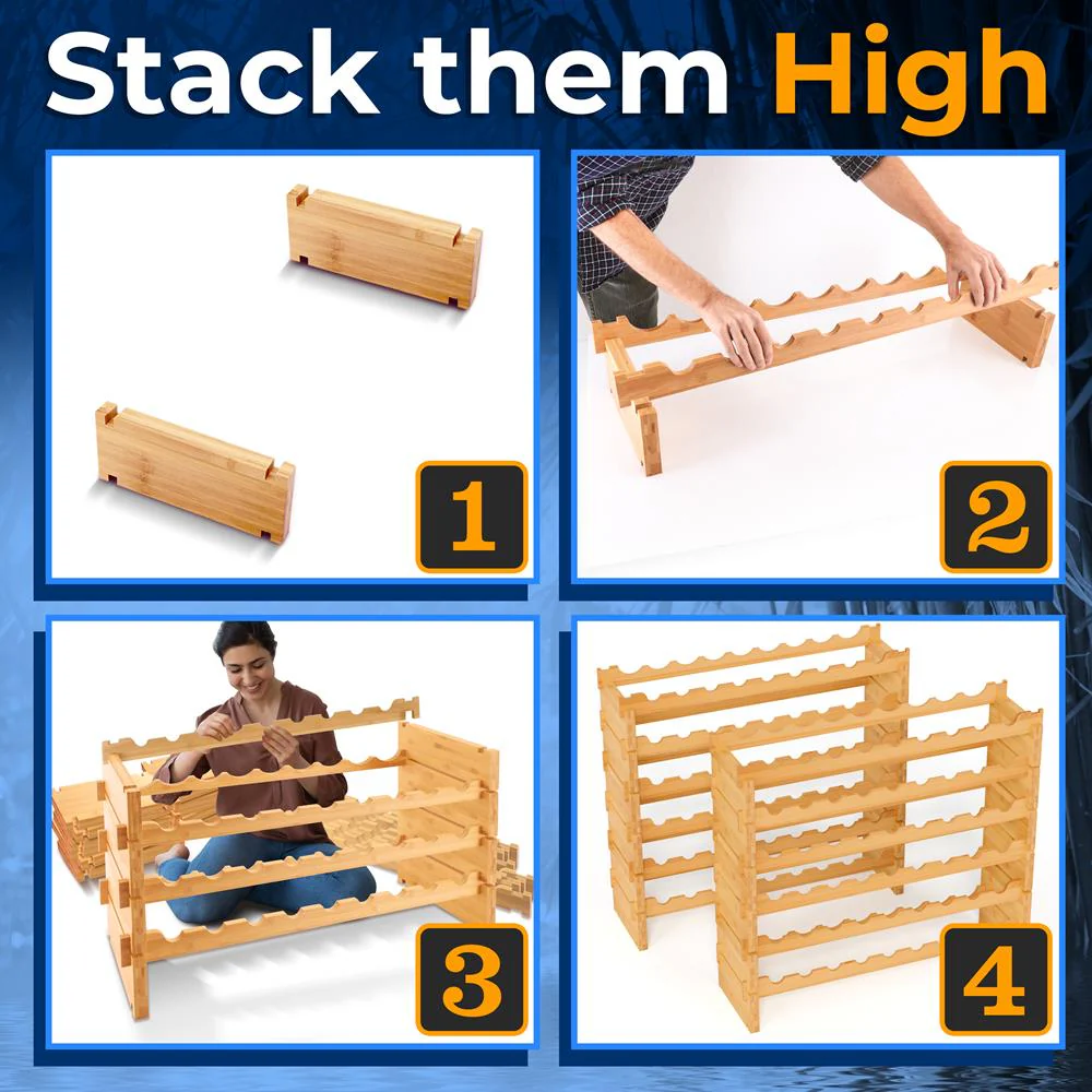 Stackable Wine Rack 72-Bottle Capacity Bamboo Modular Display Shelf - Image 7