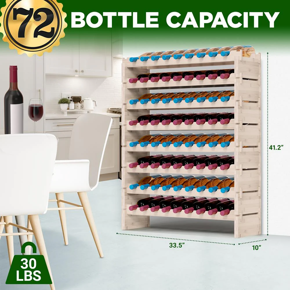 Bamboo Wine Rack 72-Bottle Capacity, Stackable, No Tools, White - Image 5